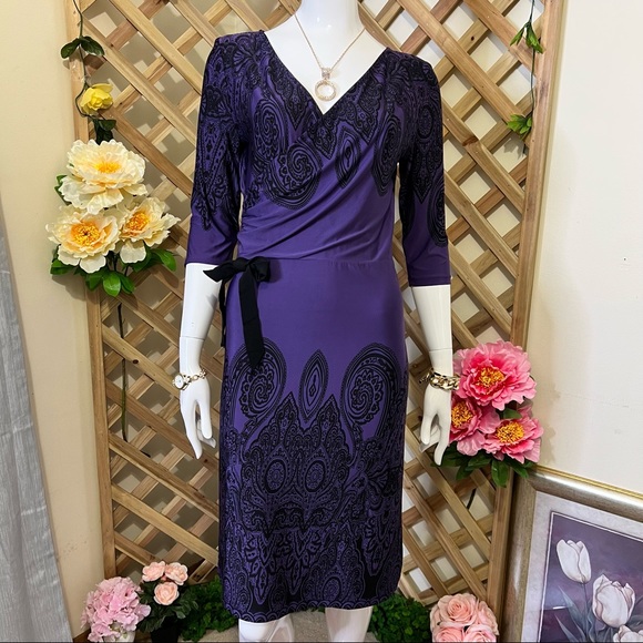 Charlie Brown V-Neck Midi 3/4 Sleeves Dress Midnight Blue Violet w Black Pattern - Picture 9 of 14